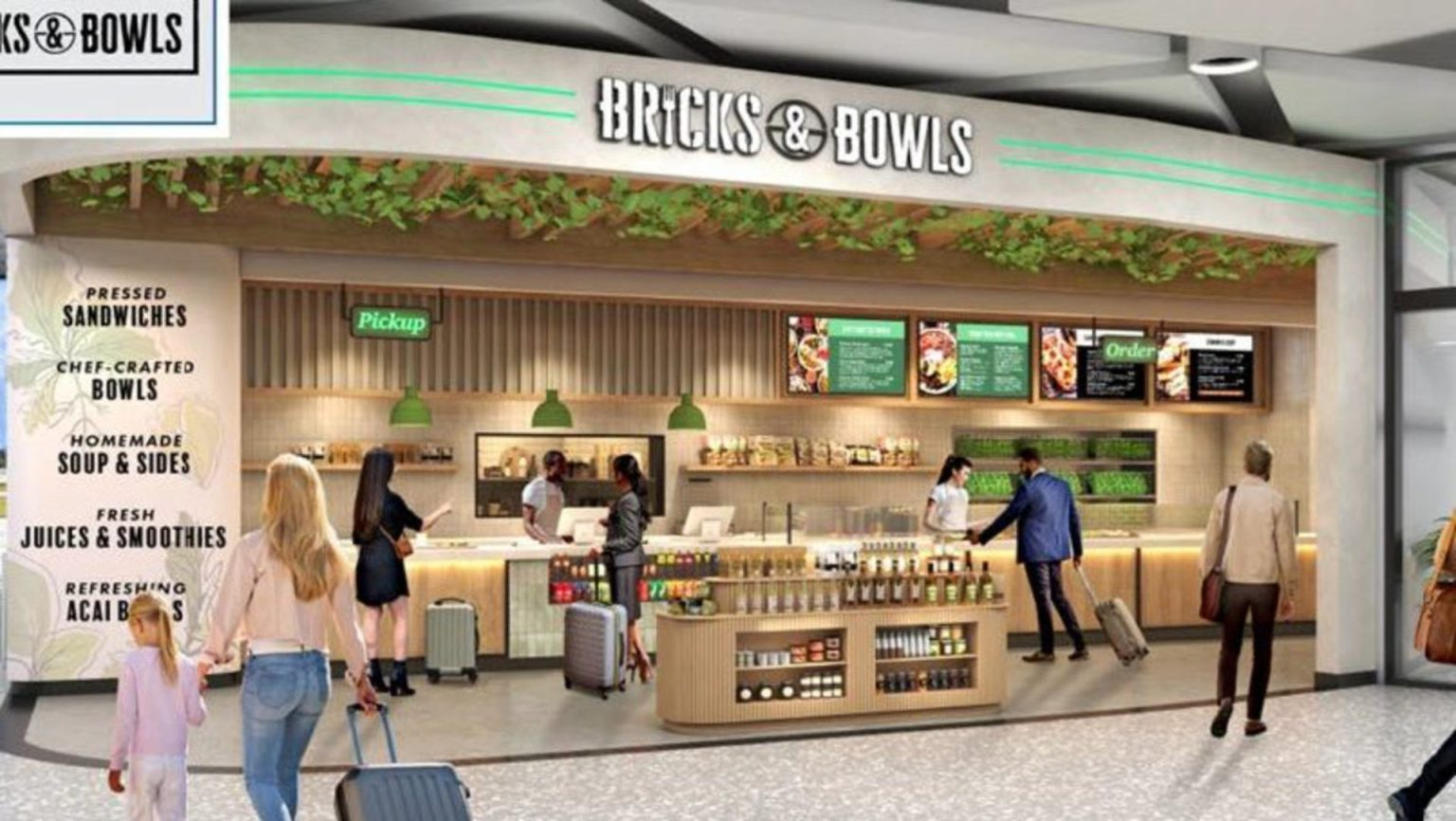 Architectural render of the Bricks & Bowls storefront opening inside Orlando International Airport