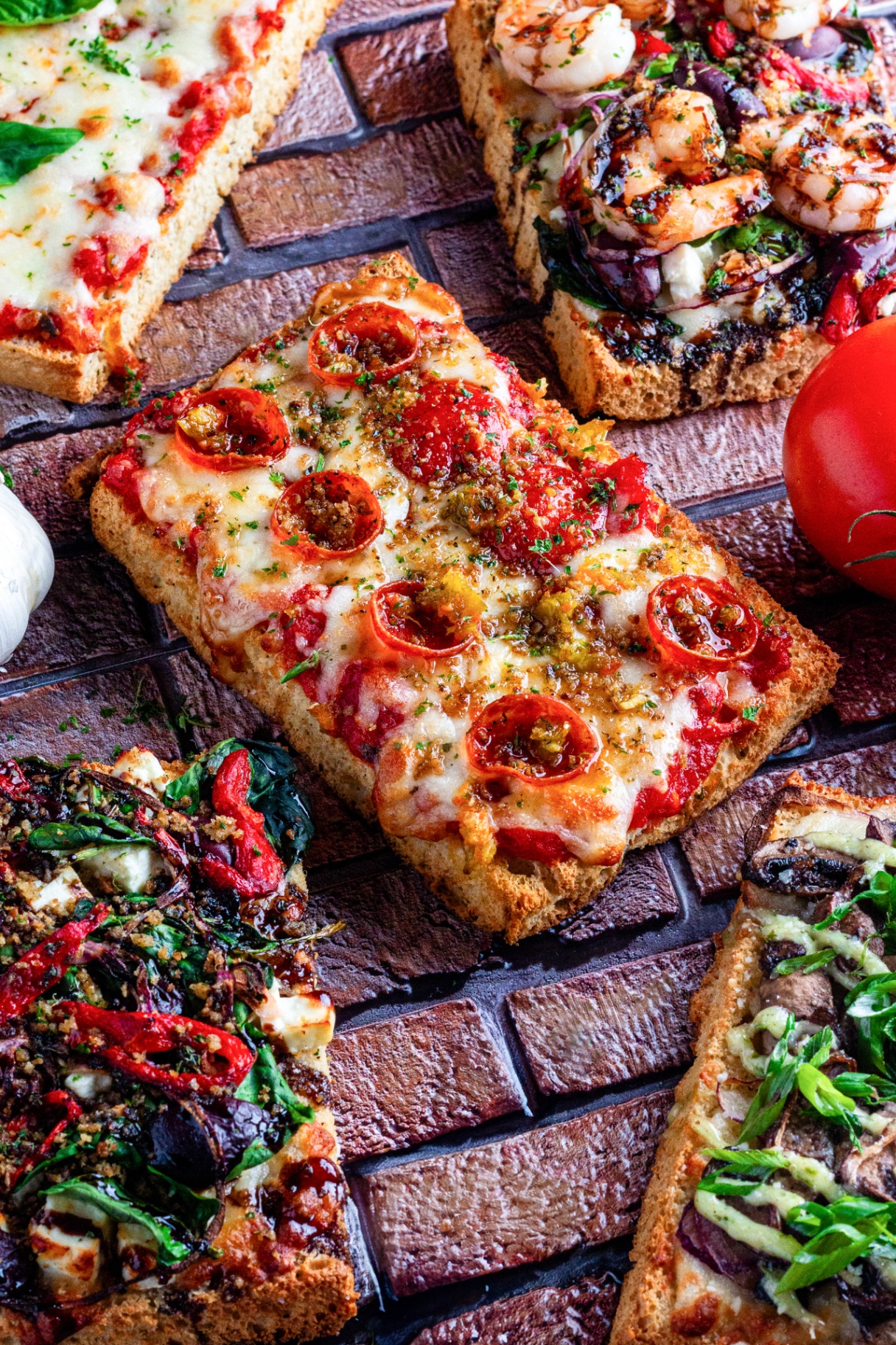 Focaccia pizzas with pepperoni, shrimp, margherita and veggie toppings