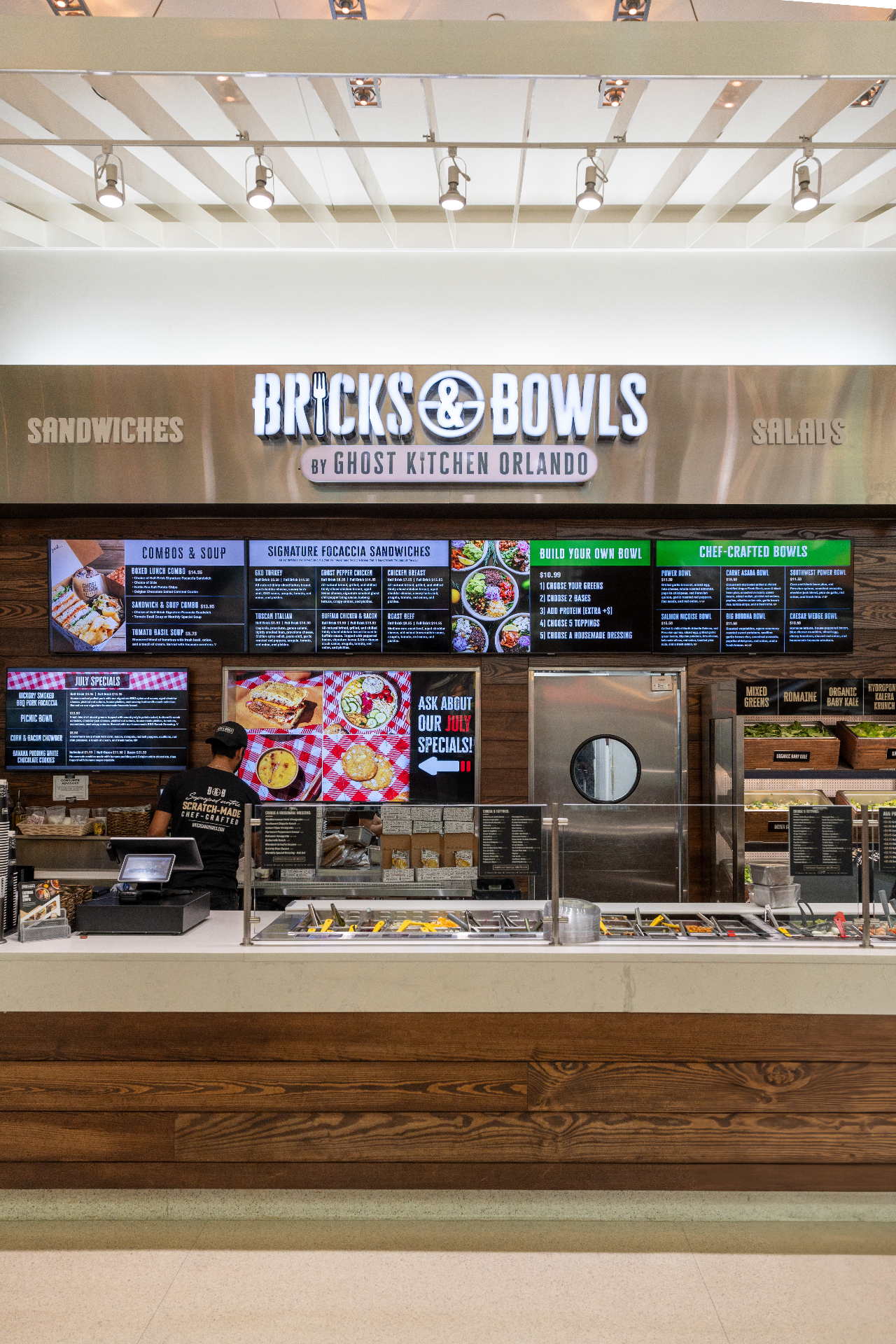 Bricks & Bowls counter and menu boards at The Mall at Millenia