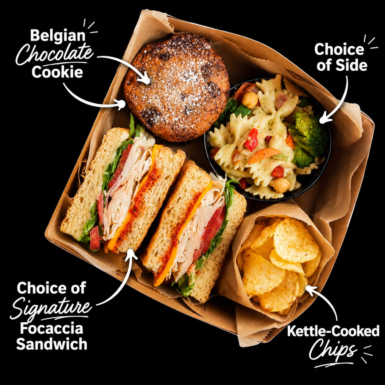 Overhead view of a Ghost Kitchen boxed lunch with turkey sandwich, pasta salad, chips, and a powdered cookie
